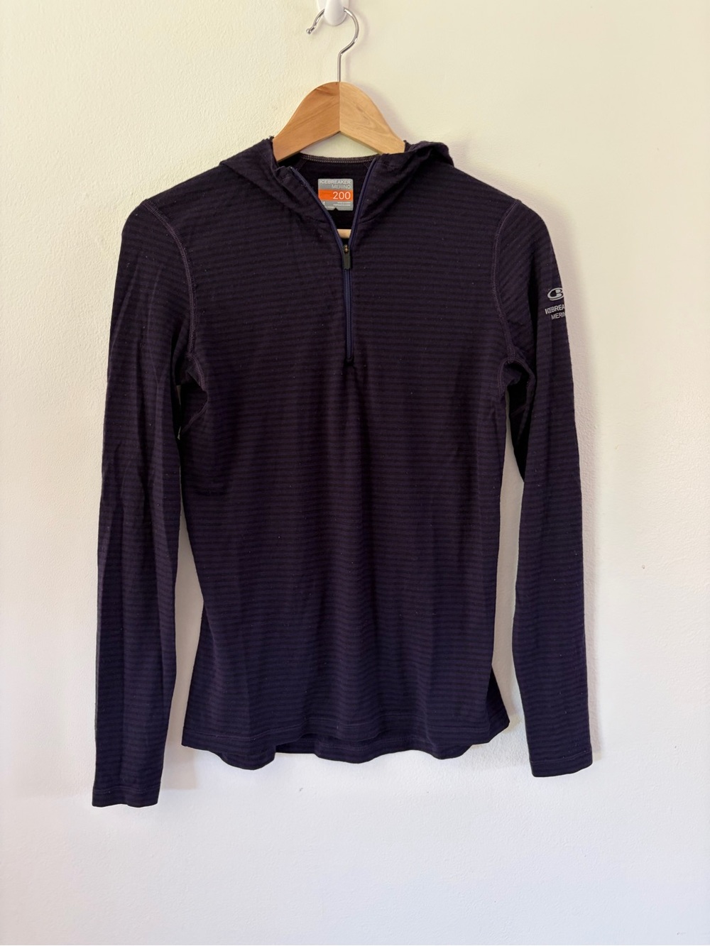 Icebreaker Merino Wool 200 1/4 Zip Purple & Black Striped Long Sleeve Hoodie